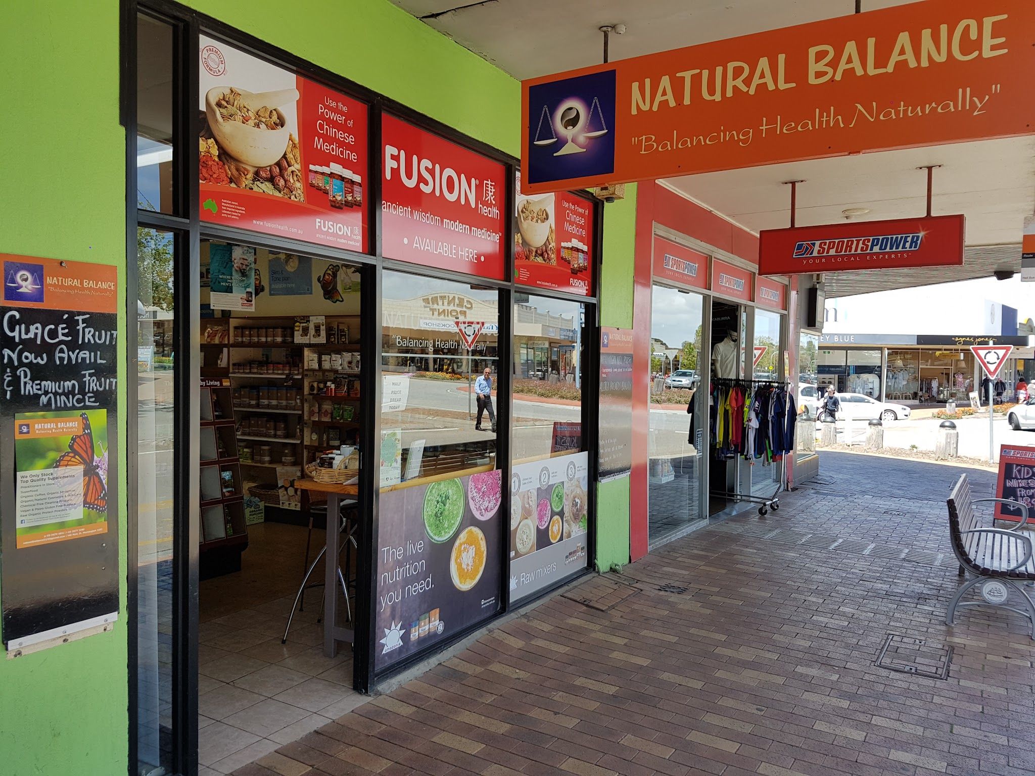 Natural Balance health food store exterior on Main Street Mornington, green facade with orange signage