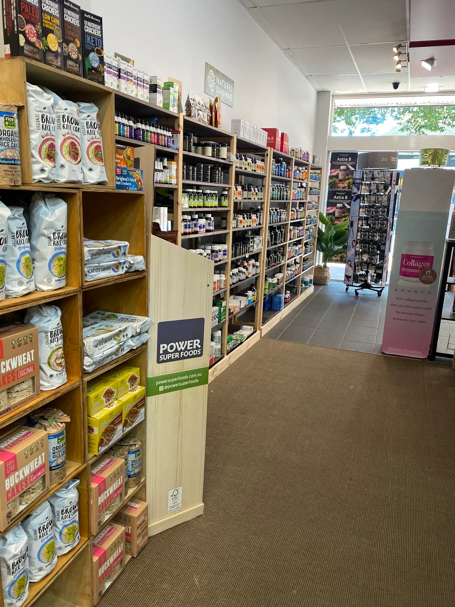 Long aisle view looking down the store with natural light filtering from the rear window at Natural Balance
